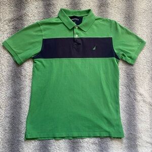Nautica Polo Tee Shirt Mens Large Green Navy Blue Stripe Classic Logo